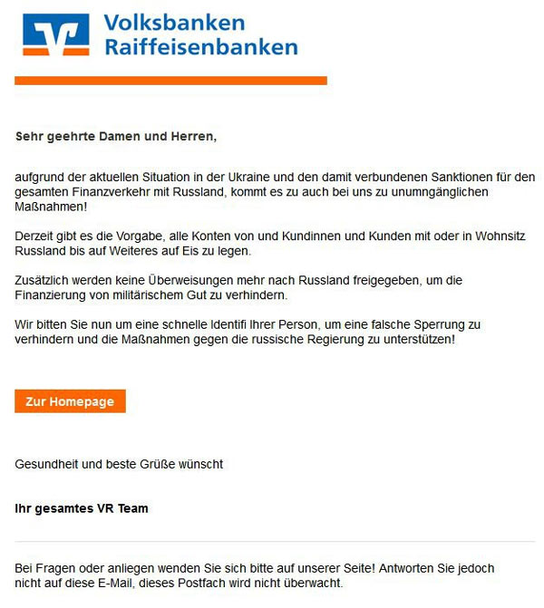 Phishing-Warnung Russland-Sanktionen Phishing-Warnung Russland-Sanktionen: Beispiel einer solchen Phishing-Mail